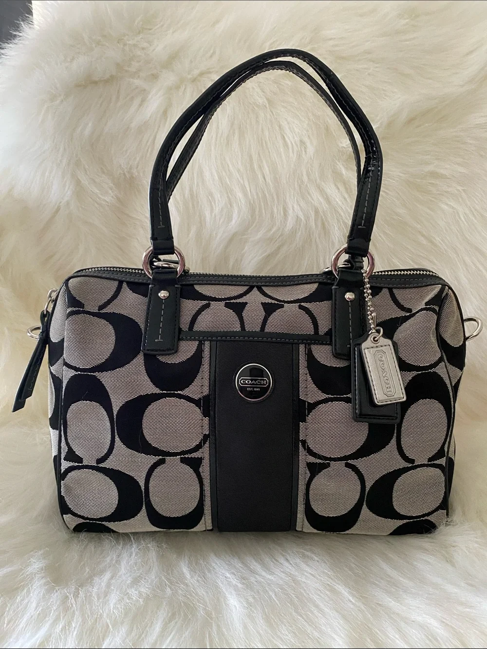 COACH Signature Jacquard Stripe Satchel in Black/ Gray with Strap F24364 EUC